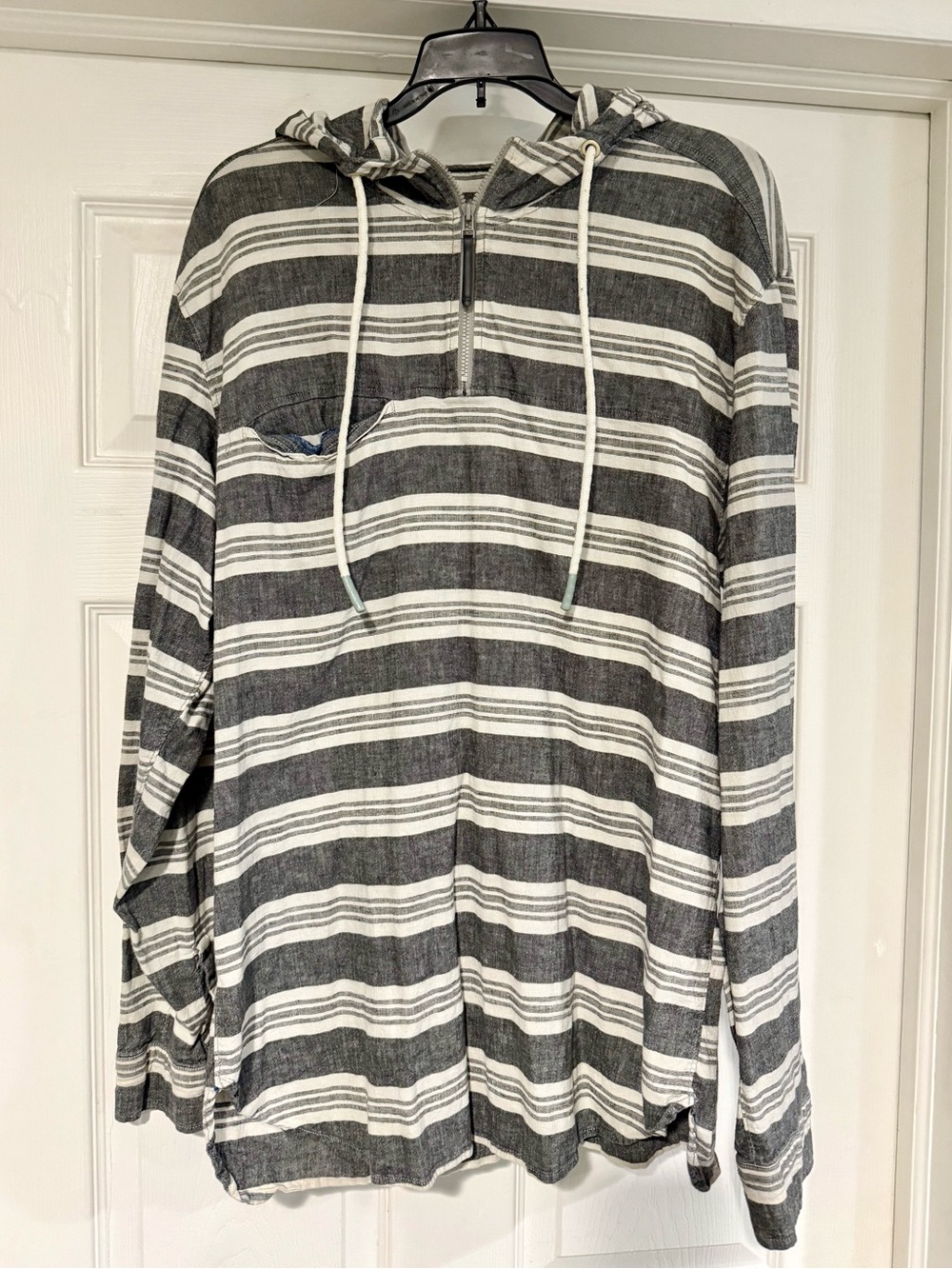 Woolrich Gray and White Striped Hooded Pullover Shirt